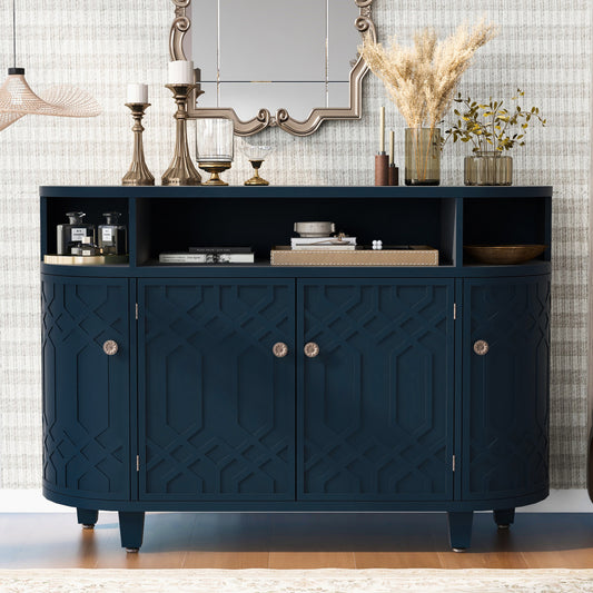 Art Deco Sideboard Cabinet with Curved Silhouette & Open Display Shelves - TimberFlare