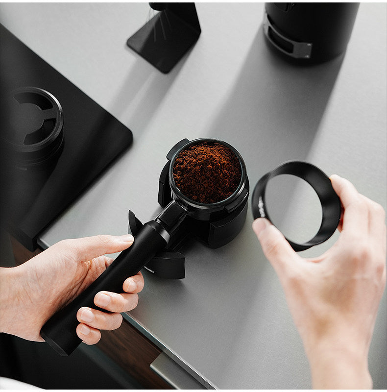 The "Obsidian" Aerospace Aluminum Bottomless Portafilter alternate angle 8 for compatible espresso machine