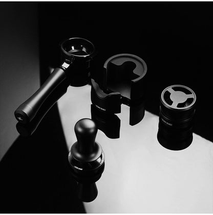 The "Obsidian" Aerospace Aluminum Bottomless Portafilter espresso extraction scene