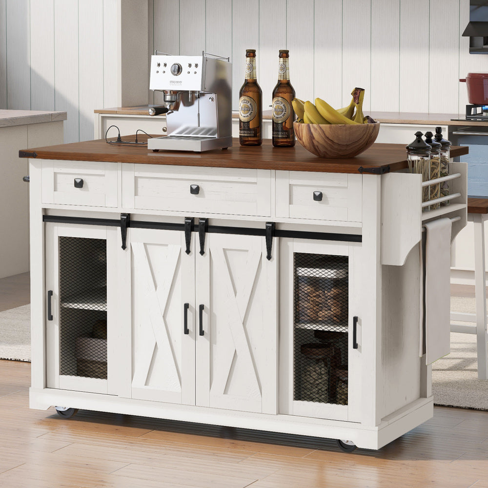 58-Inch Farmhouse Kitchen Island with Drop Leaf, Power Outlet