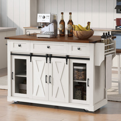 58-Inch Farmhouse Kitchen Island with Drop Leaf, Power Outlet