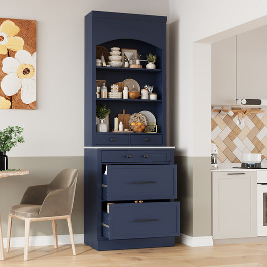 Farmhouse Pantry Hutch with Faux Marble Coffee Station Counter - TimberFlare