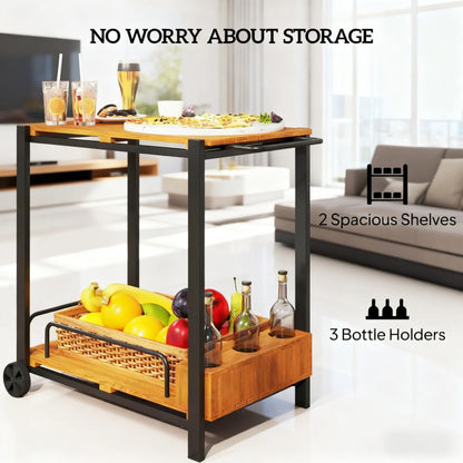 35-Inch Acacia Wood Outdoor Bar Cart