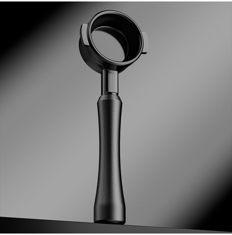The "Obsidian" Aerospace Aluminum Bottomless Portafilter wood, resin, or metal material detail close-up