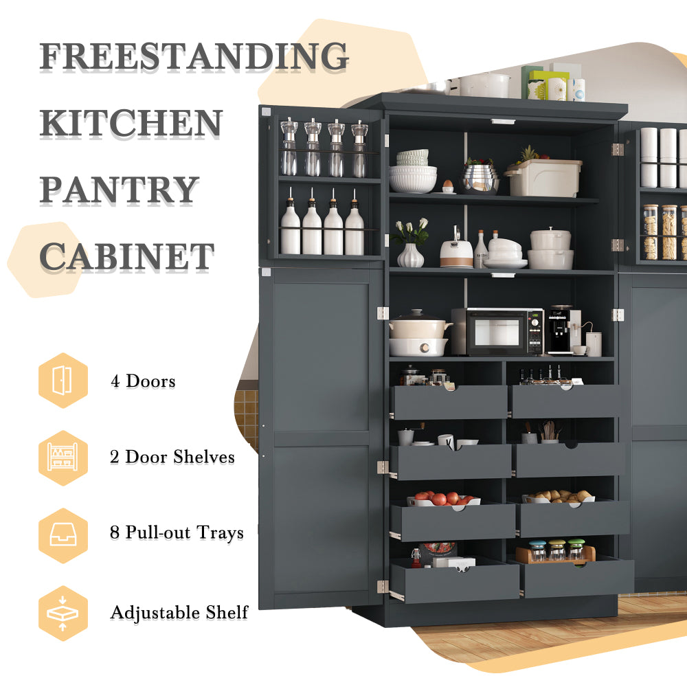 71″ Farmhouse Kitchen Pantry with 8 Pull-Out Trays - TimberFlare