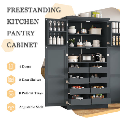 71″ Farmhouse Kitchen Pantry with 8 Pull-Out Trays - TimberFlare