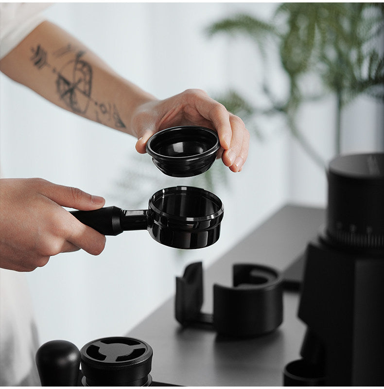 The "Obsidian" Aerospace Aluminum Bottomless Portafilter alternate angle 12 for compatible espresso machine