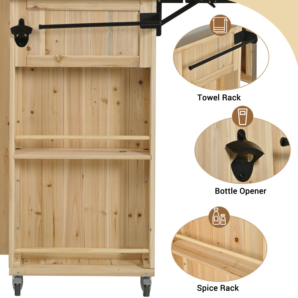 Outdoor Kitchen Island Fir Wood with Stainless Steel Top, Storage & Bottle Opener