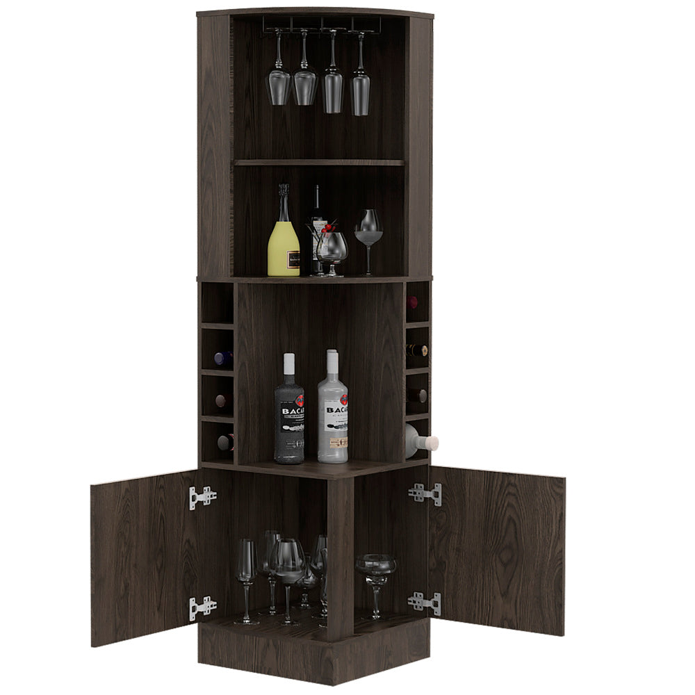 Wenge Tall Corner Bar Cabinet with Wine Cubbies & Glass Rack - TimberFlare