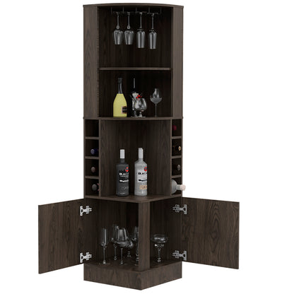 Wenge Tall Corner Bar Cabinet with Wine Cubbies & Glass Rack - TimberFlare
