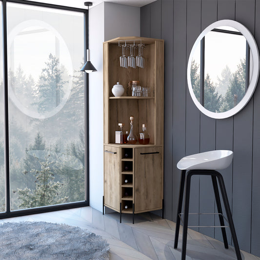 Beige Oak Corner Bar Cabinet with Wine Rack & Coffee Station Shelves - TimberFlare