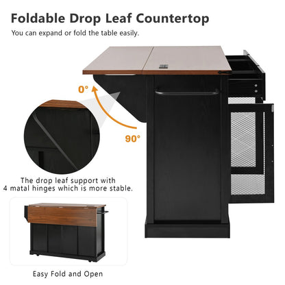 58-Inch Farmhouse Kitchen Island with Drop Leaf, Power Outlet