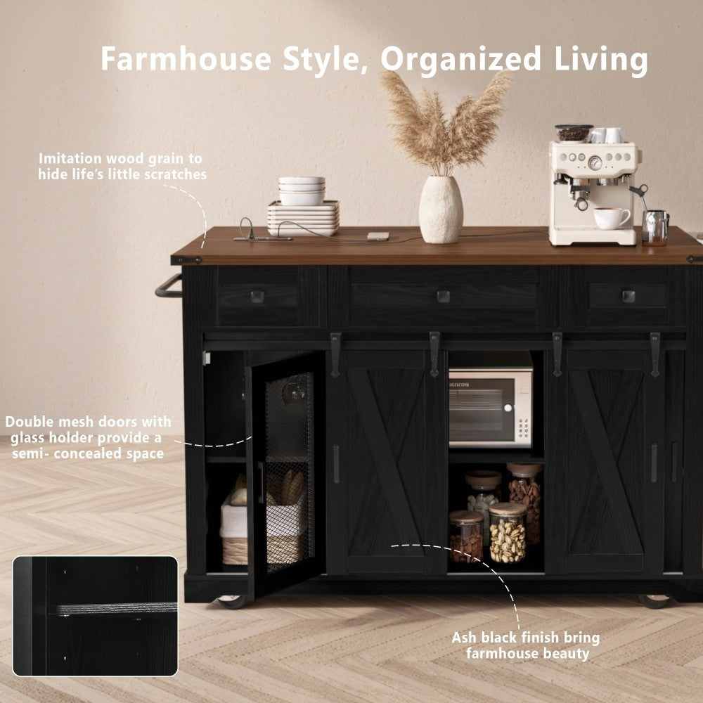 58-Inch Farmhouse Kitchen Island with Drop Leaf, Power Outlet