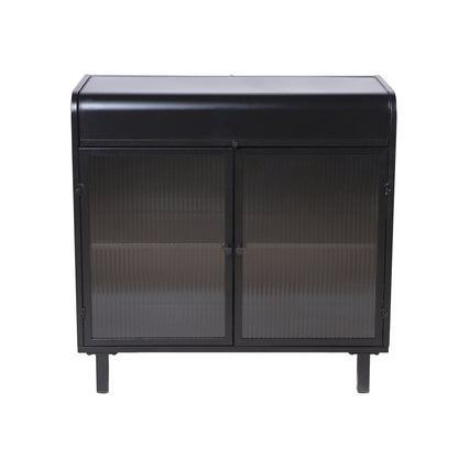Industrial Flip-Top Sideboard Cabinet with Fluted Glass Doors - TimberFlare