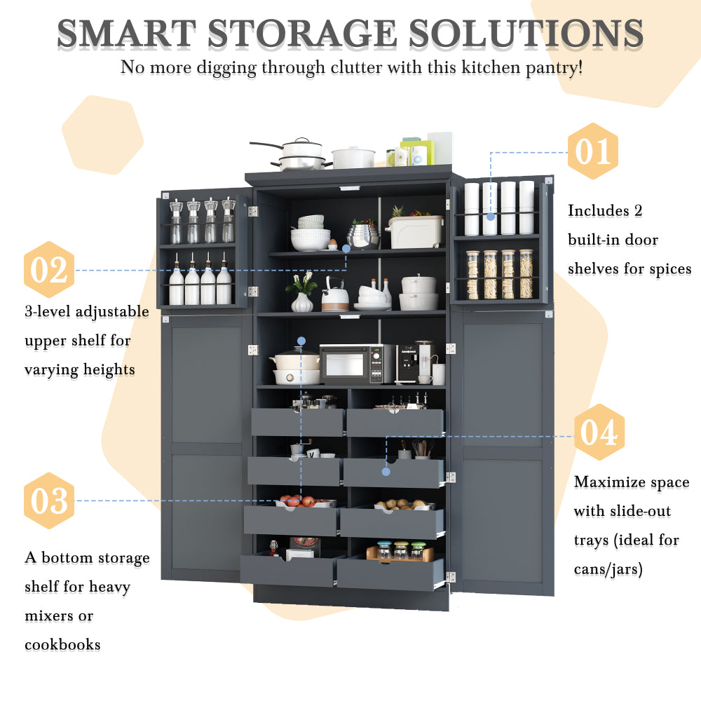 71″ Farmhouse Kitchen Pantry with 8 Pull-Out Trays - TimberFlare
