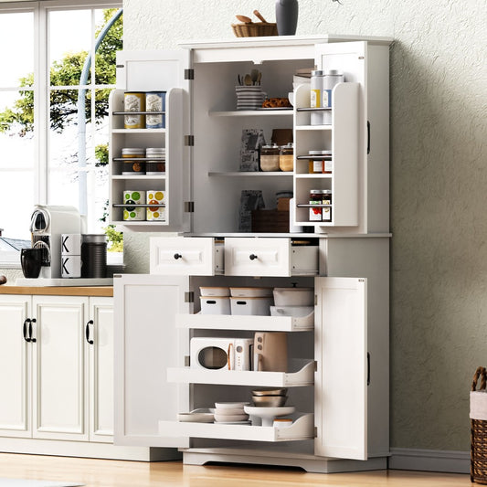 Textured White Pantry Cabinet with Pull-Out Shelves - TimberFlare