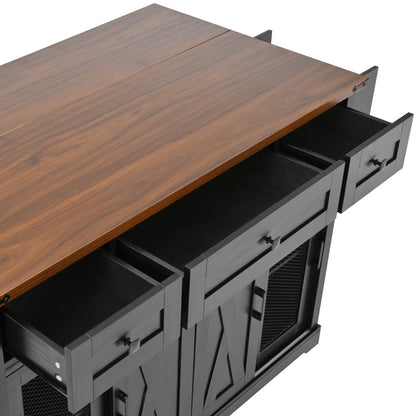 58-Inch Farmhouse Kitchen Island with Drop Leaf, Power Outlet