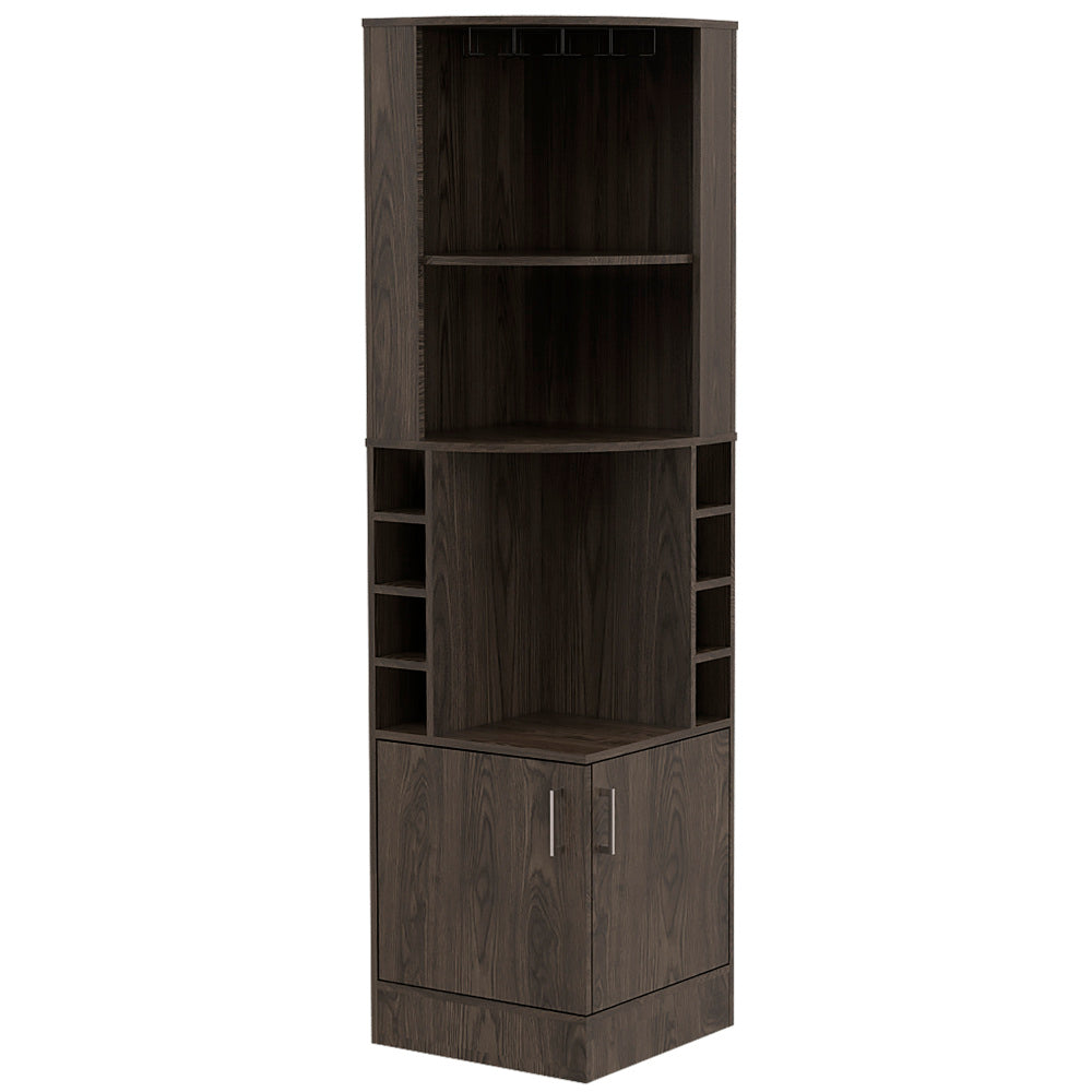 Wenge Tall Corner Bar Cabinet with Wine Cubbies & Glass Rack - TimberFlare