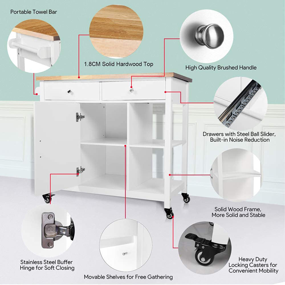Rolling Kitchen Island wtih Rubber Wood Top - TimberFlare