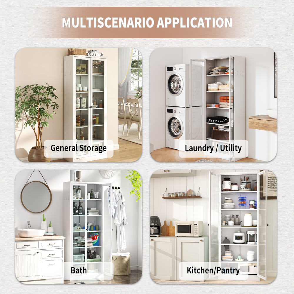 72" Modern Metal Pantry Cabinet with Glass Doors - TimberFlare