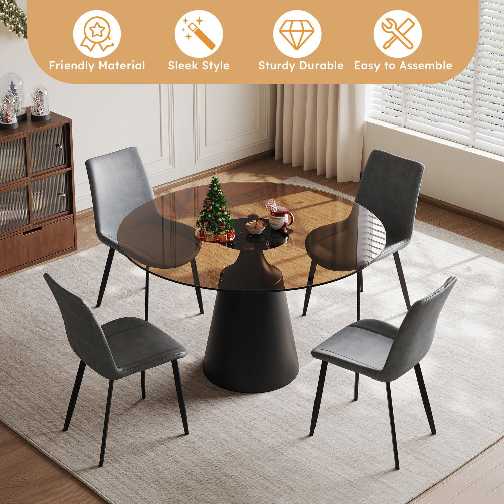 35-Inch Dining Table Set Round Black Glass Table with 4 Gray Ergonomic Chairs