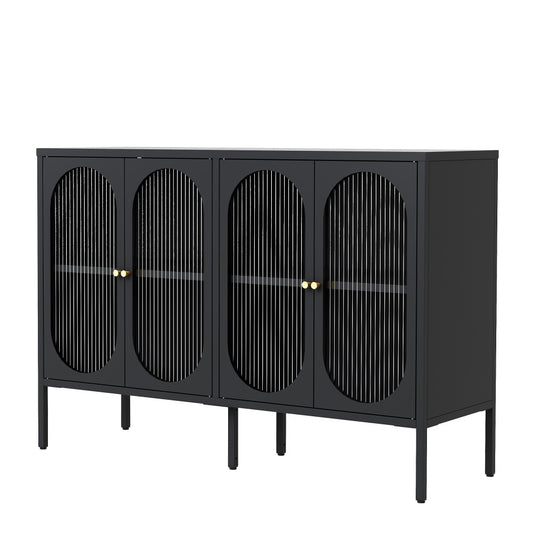 Black Metal Sideboard Cabinet with Fluted Glass Doors - TimberFlare