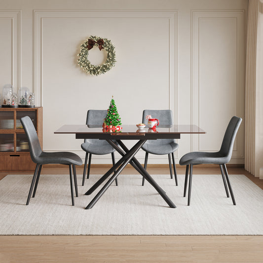 59-Inch Black Glass Top & X-Base Expandable Dining Table Set with 4 Gray Ergonomic Chairs