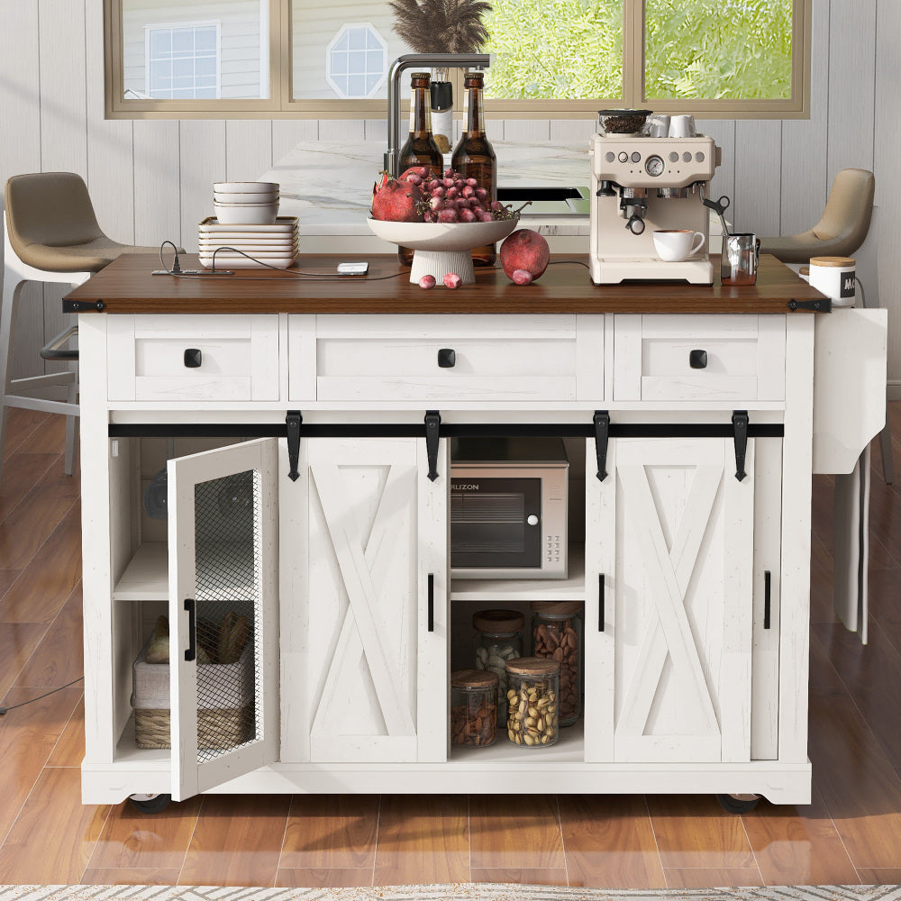 58-Inch Farmhouse Kitchen Island with Drop Leaf, Power Outlet