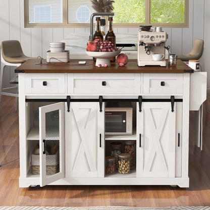 58-Inch Farmhouse Kitchen Island with Drop Leaf, Power Outlet
