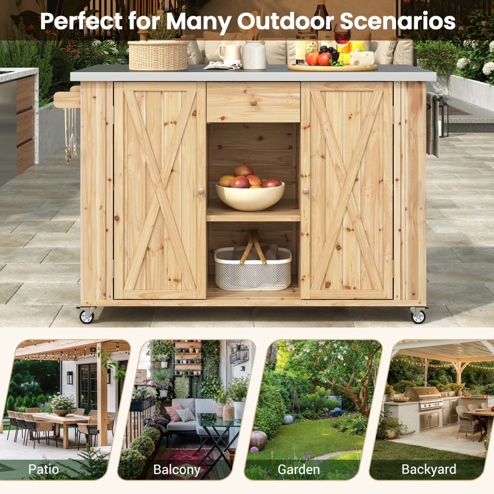 Outdoor Kitchen Island Fir Wood with Stainless Steel Top, Storage & Bottle Opener