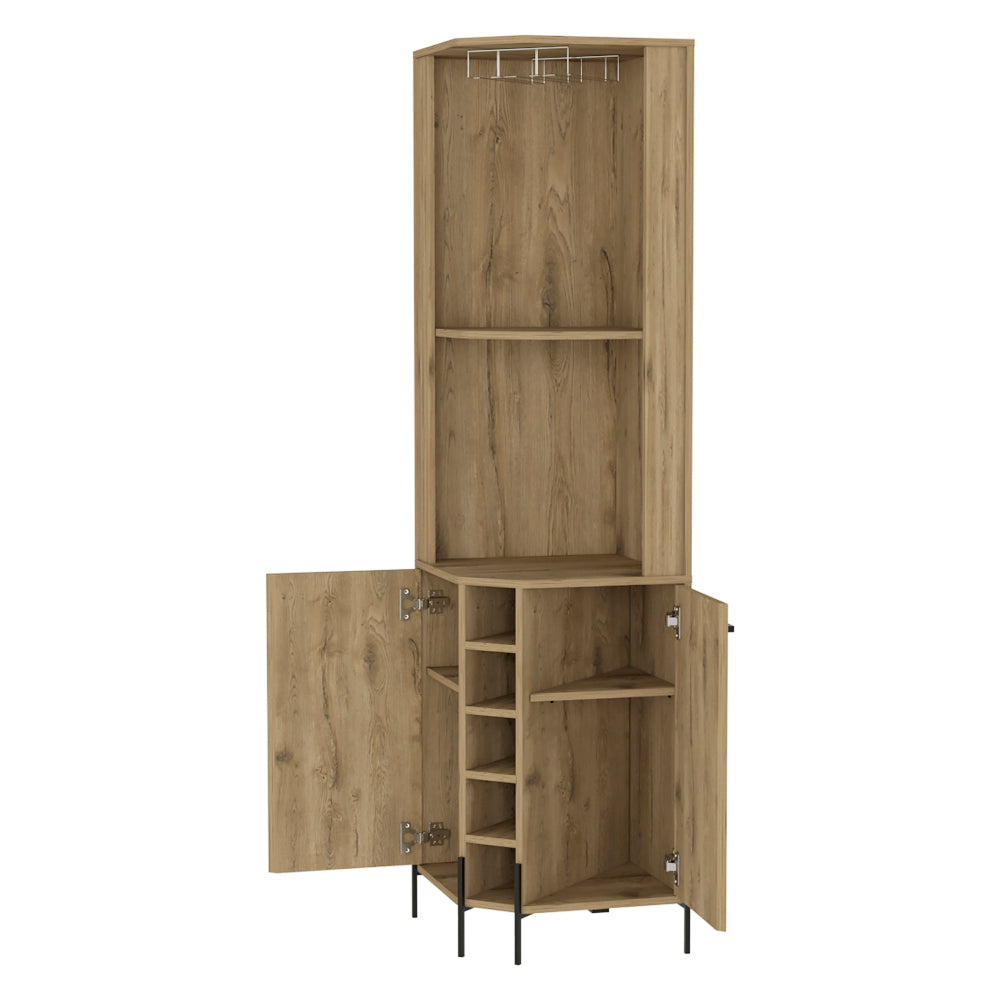 Beige Oak Corner Bar Cabinet with Wine Rack & Coffee Station Shelves - TimberFlare