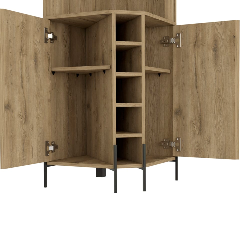 Beige Oak Corner Bar Cabinet with Wine Rack & Coffee Station Shelves - TimberFlare