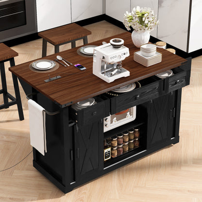 58-Inch Farmhouse Kitchen Island with Drop Leaf, Power Outlet