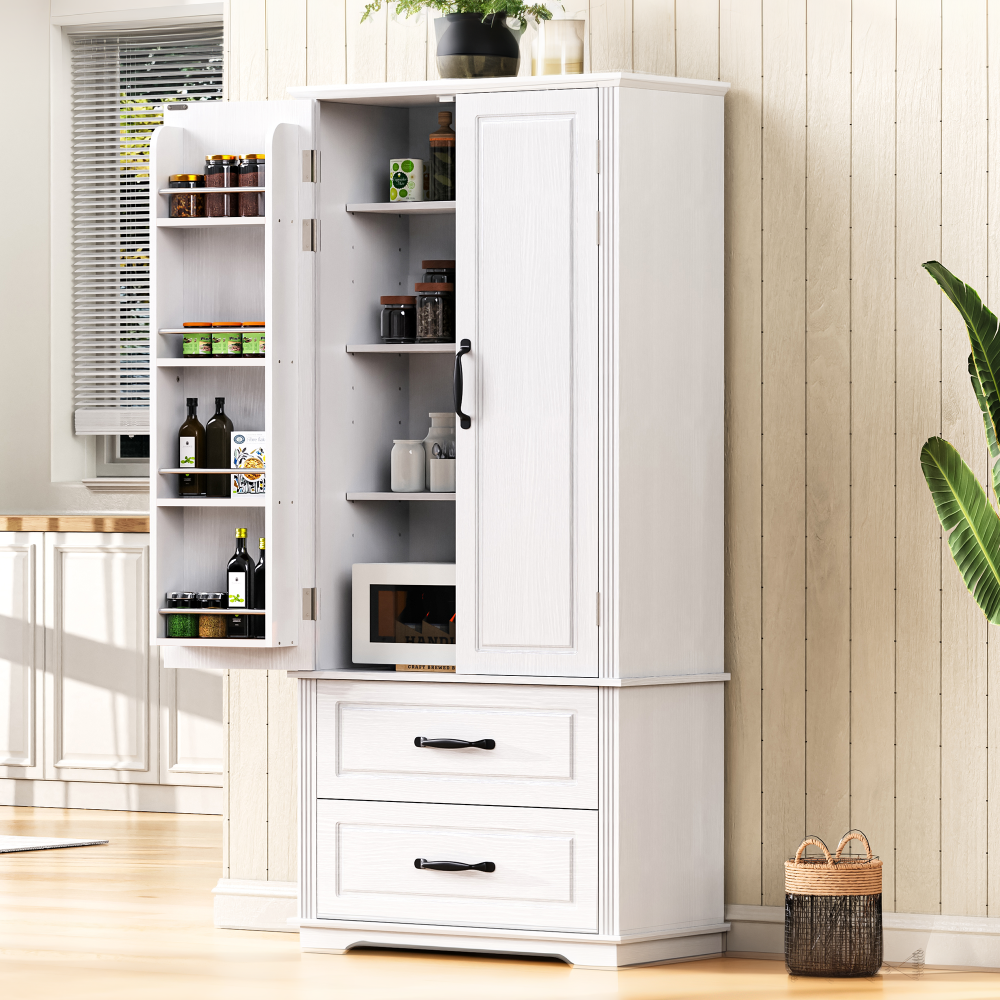 Textured White Pantry Cabinet with Pull-Out Shelves - TimberFlare