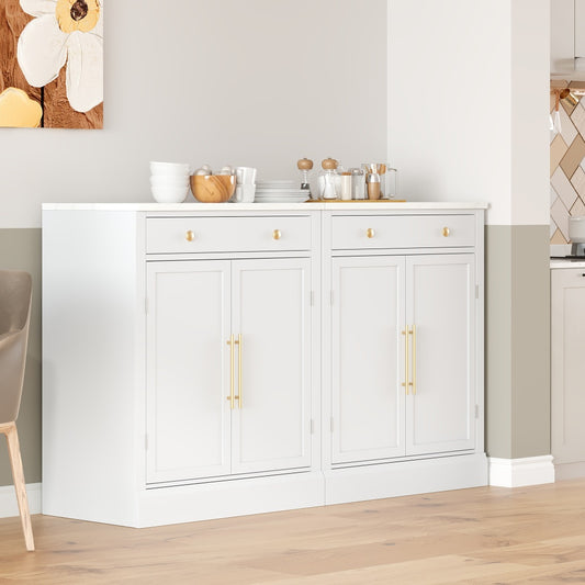 Modern White Sideboard Cabinet Set with Faux Marble Top & Gold Hardware - TimberFlare