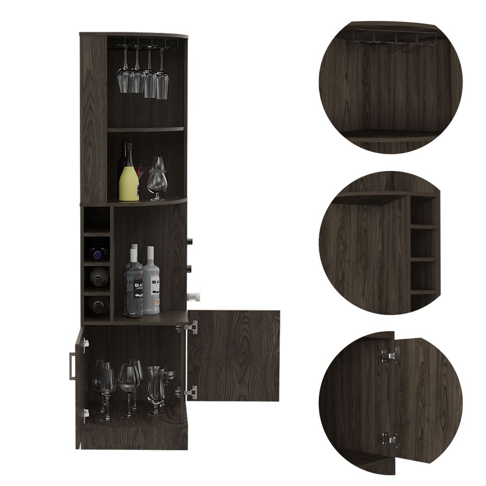 Wenge Tall Corner Bar Cabinet with Wine Cubbies & Glass Rack - TimberFlare