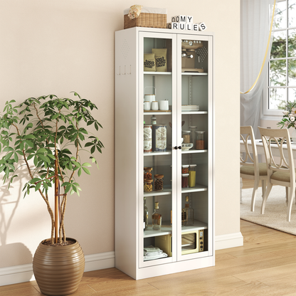 72" Modern Metal Pantry Cabinet with Glass Doors - TimberFlare