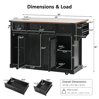 58-Inch Farmhouse Kitchen Island with Drop Leaf, Power Outlet
