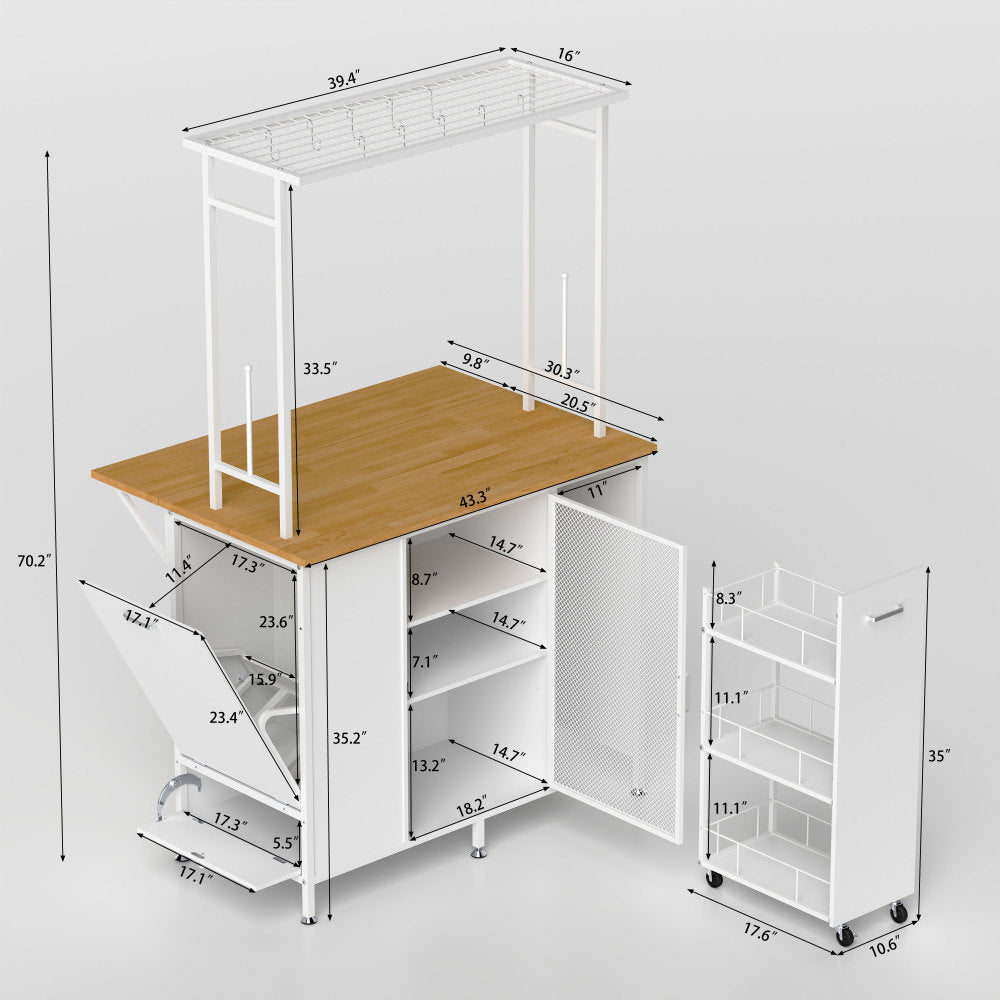 Mobile Kitchen Island with Drop-Leaf, Coffee Station & Hidden Trash Cabinet - TimberFlare