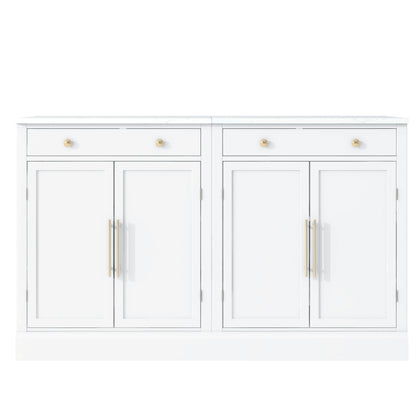 Modern White Sideboard Cabinet Set with Faux Marble Top & Gold Hardware - TimberFlare