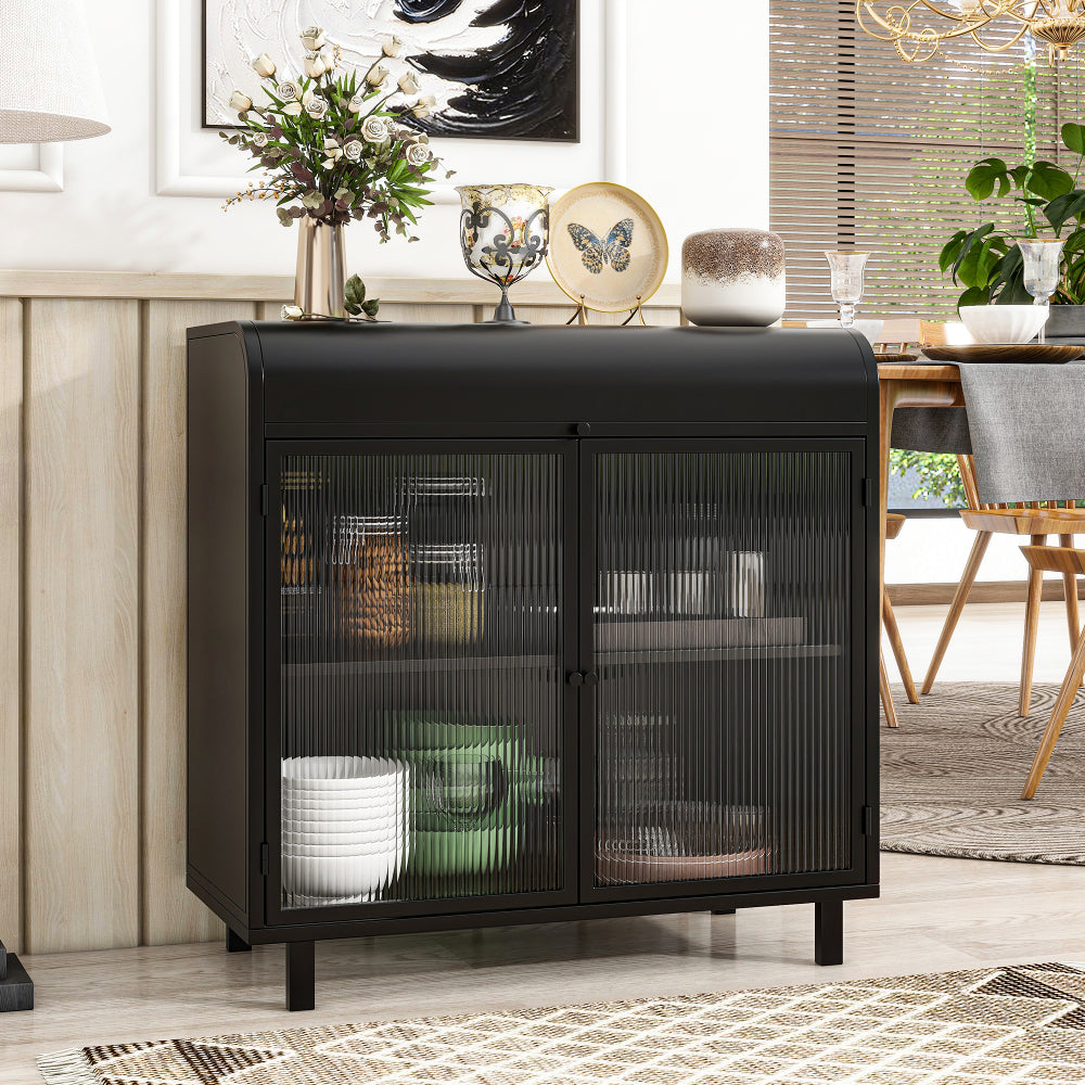 Industrial Flip-Top Sideboard Cabinet with Fluted Glass Doors - TimberFlare