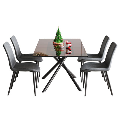 59-Inch Black Glass Top & X-Base Expandable Dining Table Set with 4 Gray Ergonomic Chairs