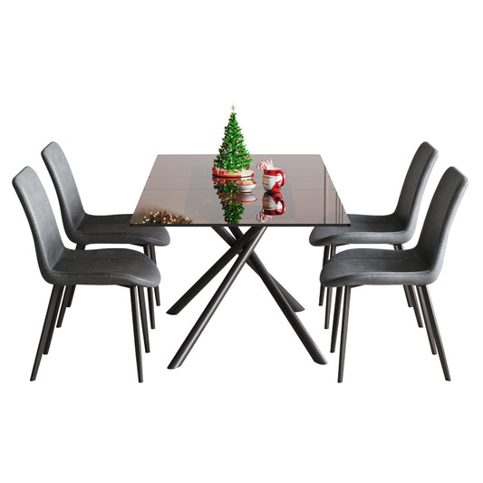 59-Inch Black Glass Top & X-Base Expandable Dining Table Set with 4 Gray Ergonomic Chairs