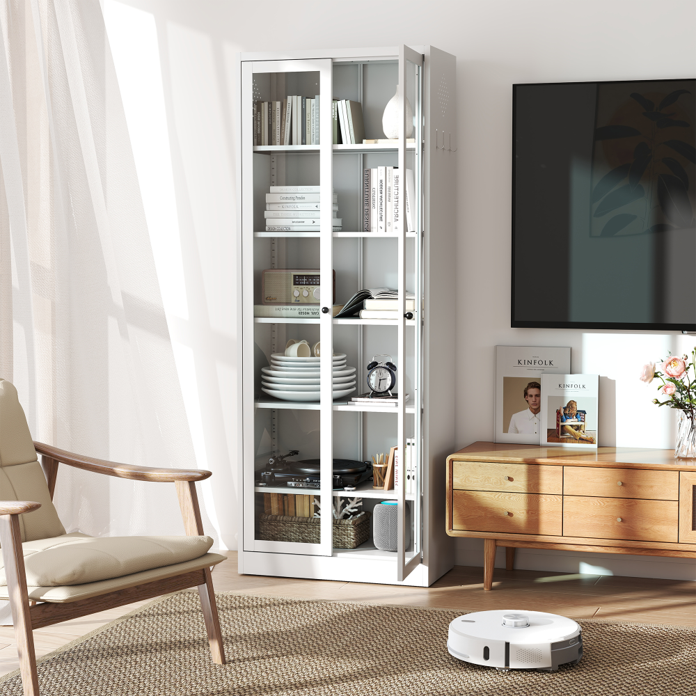 72" Modern Metal Pantry Cabinet with Glass Doors - TimberFlare