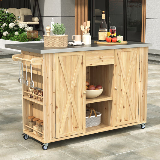 Outdoor Kitchen Island Fir Wood with Stainless Steel Top, Storage & Bottle Opener
