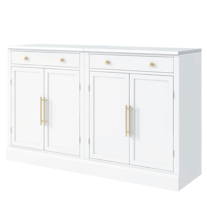 Modern White Sideboard Cabinet Set with Faux Marble Top & Gold Hardware - TimberFlare