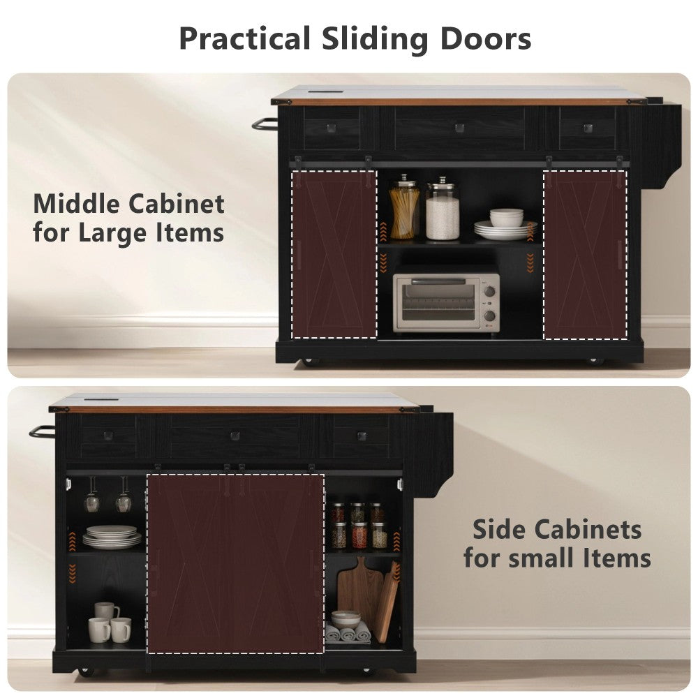 58-Inch Farmhouse Kitchen Island with Drop Leaf, Power Outlet