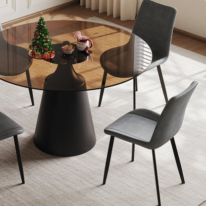 35-Inch Dining Table Set Round Black Glass Table with 4 Gray Ergonomic Chairs