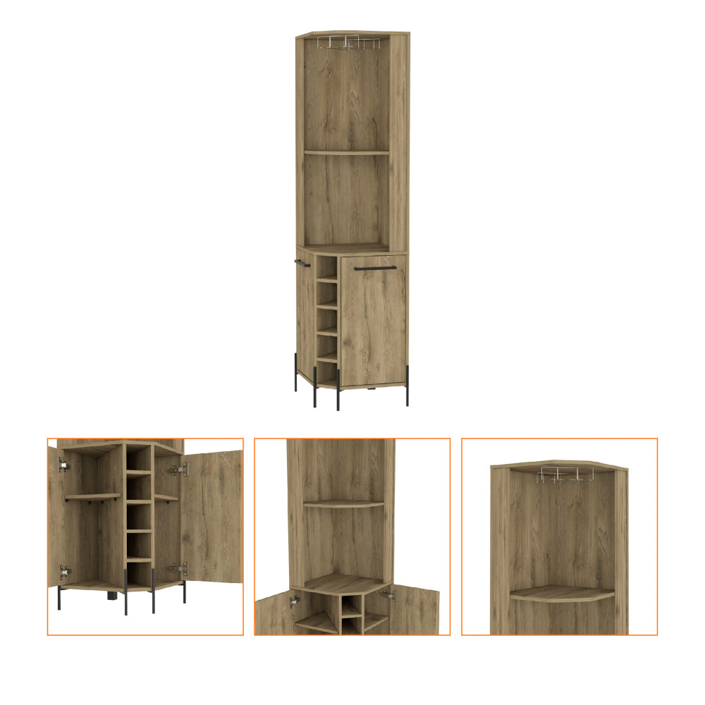 Beige Oak Corner Bar Cabinet with Wine Rack & Coffee Station Shelves - TimberFlare