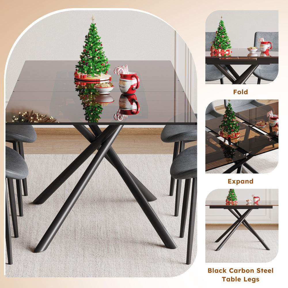 59-Inch Black Glass Top & X-Base Expandable Dining Table Set with 4 Gray Ergonomic Chairs